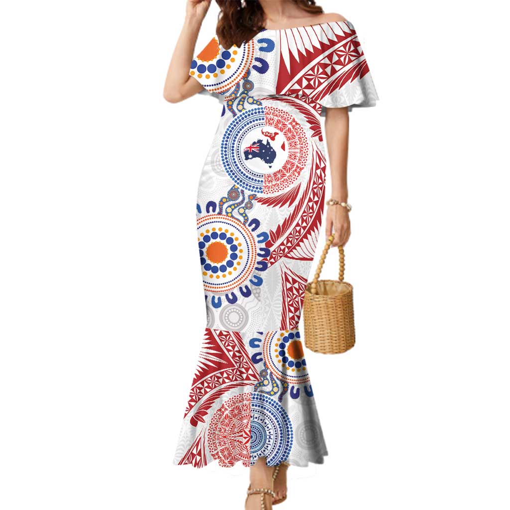 Tongan and Australian Culture Together Family Matching Mermaid Dress and Hawaiian Shirt Ngatu Art Tribal Aboriginal Tattoo Pattern - Polynesian Pride