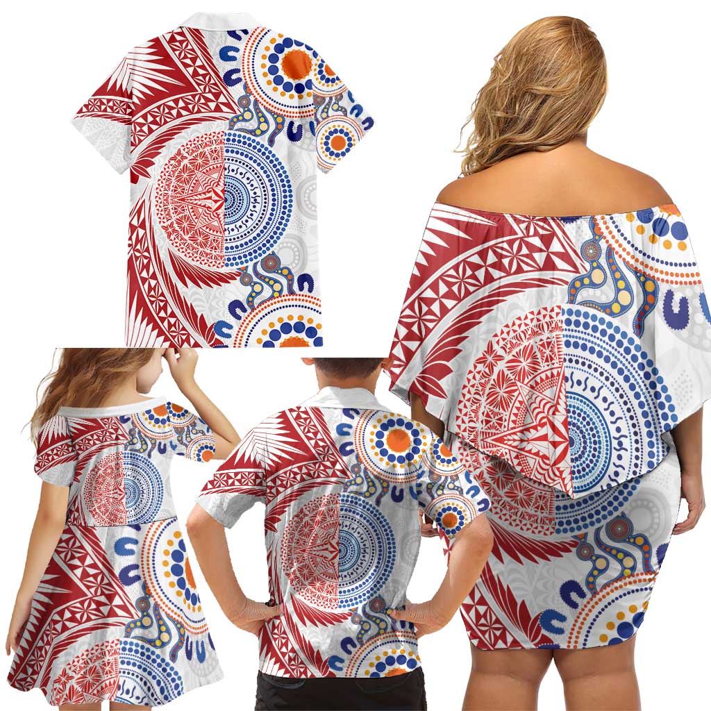 Tongan and Australian Culture Together Family Matching Off Shoulder Short Dress and Hawaiian Shirt Ngatu Art Tribal Aboriginal Tattoo Pattern - Polynesian Pride