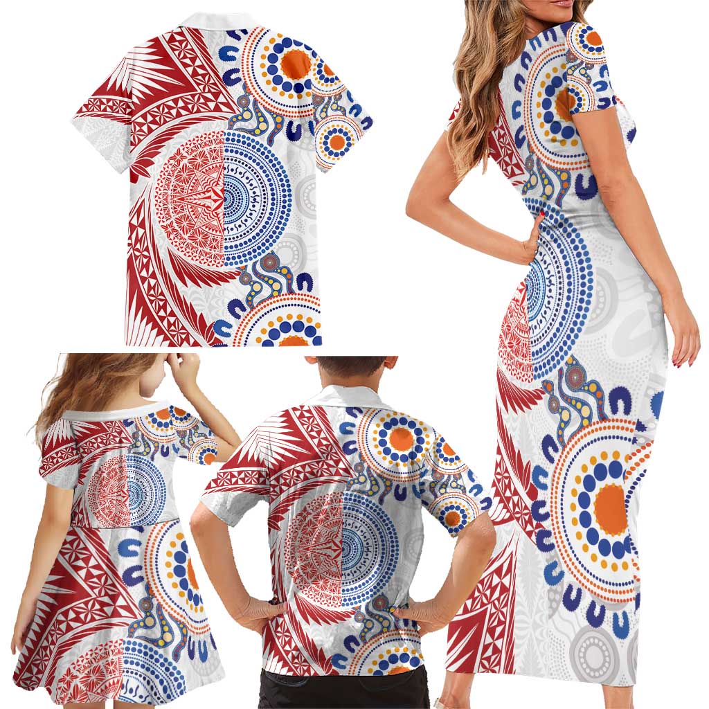 Tongan and Australian Culture Together Family Matching Short Sleeve Bodycon Dress and Hawaiian Shirt Ngatu Art Tribal Aboriginal Tattoo Pattern - Polynesian Pride