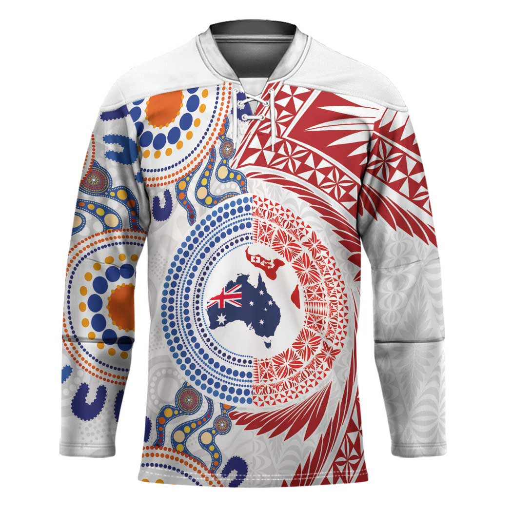 Tongan and Australian Culture Together Hockey Jersey Ngatu Art Tribal Aboriginal Tattoo Pattern - Polynesian Pride
