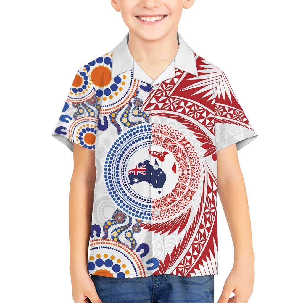 Tongan and Australian Culture Together Kid Hawaiian Shirt Ngatu Art Tribal Aboriginal Tattoo Pattern - Polynesian Pride