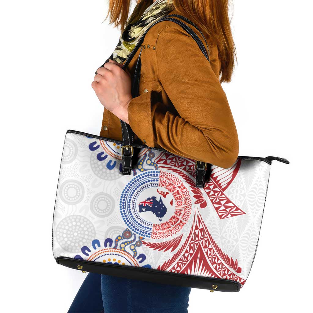 Tongan and Australian Culture Together Leather Tote Bag Ngatu Art Tribal Aboriginal Tattoo Pattern - Polynesian Pride