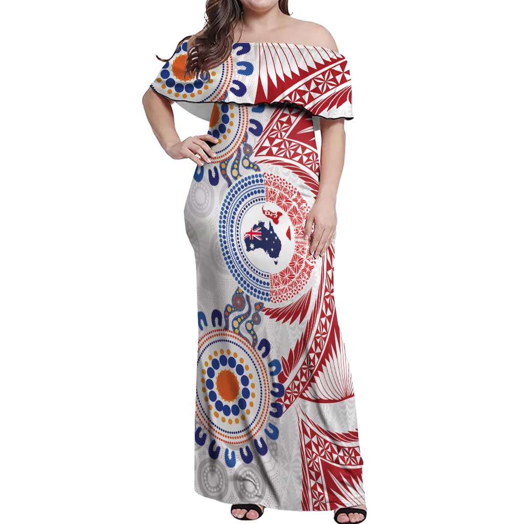 Tongan and Australian Culture Together Off Shoulder Maxi Dress Ngatu Art Tribal Aboriginal Tattoo Pattern LT03 Women White - Polynesian Pride