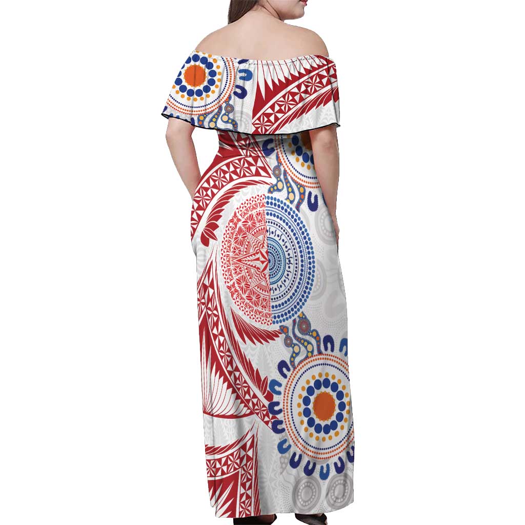 Tongan and Australian Culture Together Off Shoulder Maxi Dress Ngatu Art Tribal Aboriginal Tattoo Pattern LT03 - Polynesian Pride