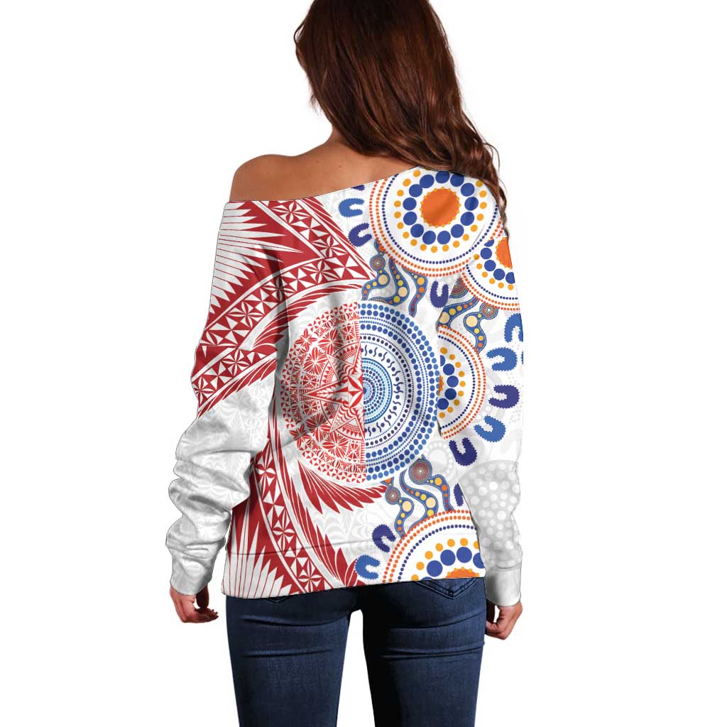 Tongan and Australian Culture Together Off Shoulder Sweater Ngatu Art Tribal Aboriginal Tattoo Pattern LT03 - Polynesian Pride