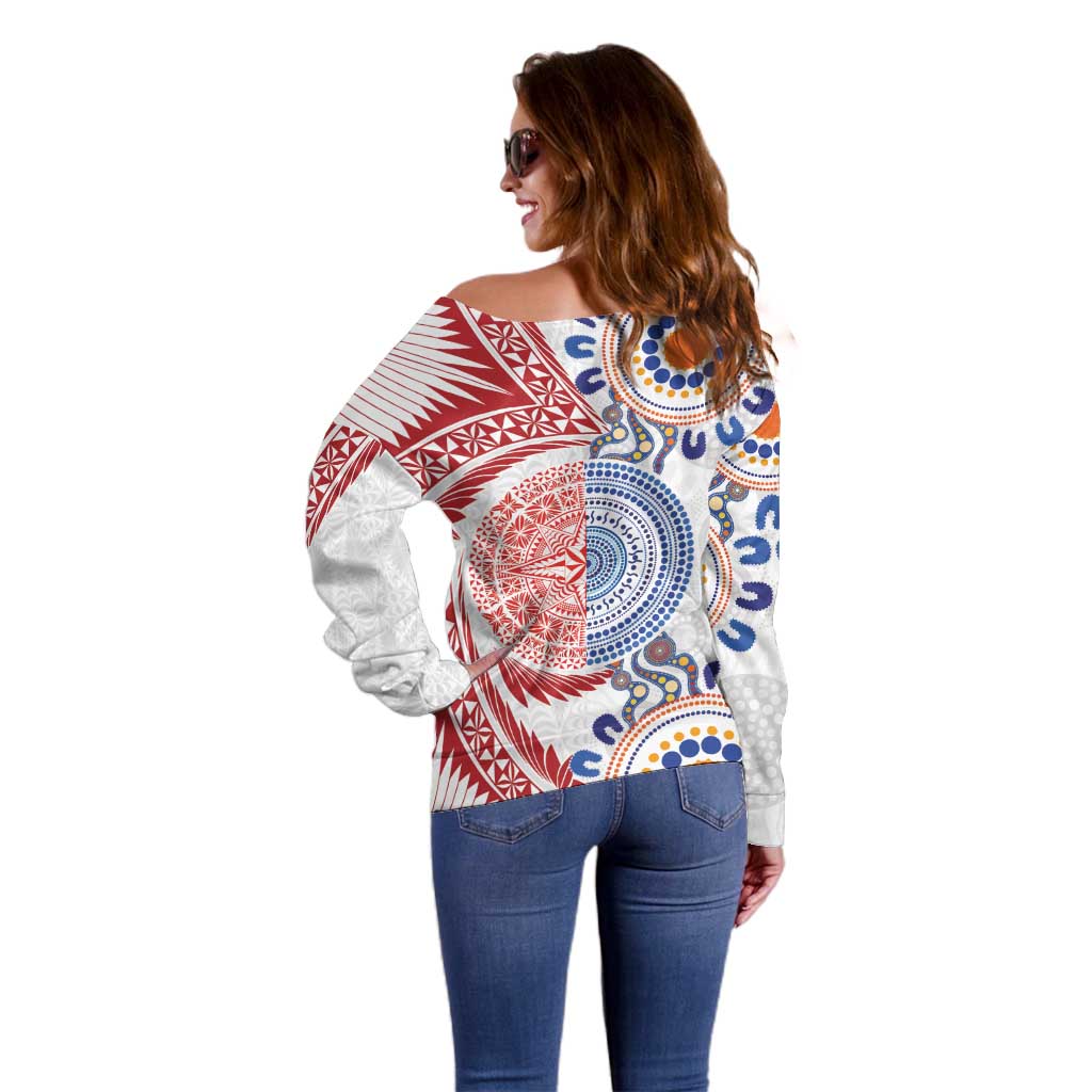 Tongan and Australian Culture Together Off Shoulder Sweater Ngatu Art Tribal Aboriginal Tattoo Pattern LT03 - Polynesian Pride