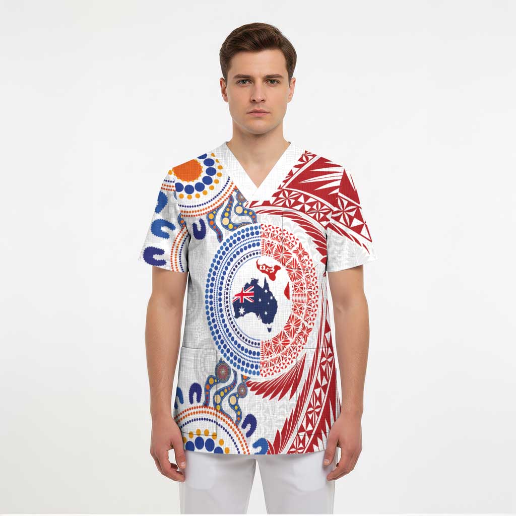 Tongan and Australian Culture Together Scrub Top Ngatu Art Tribal Aboriginal Tattoo Pattern - Polynesian Pride