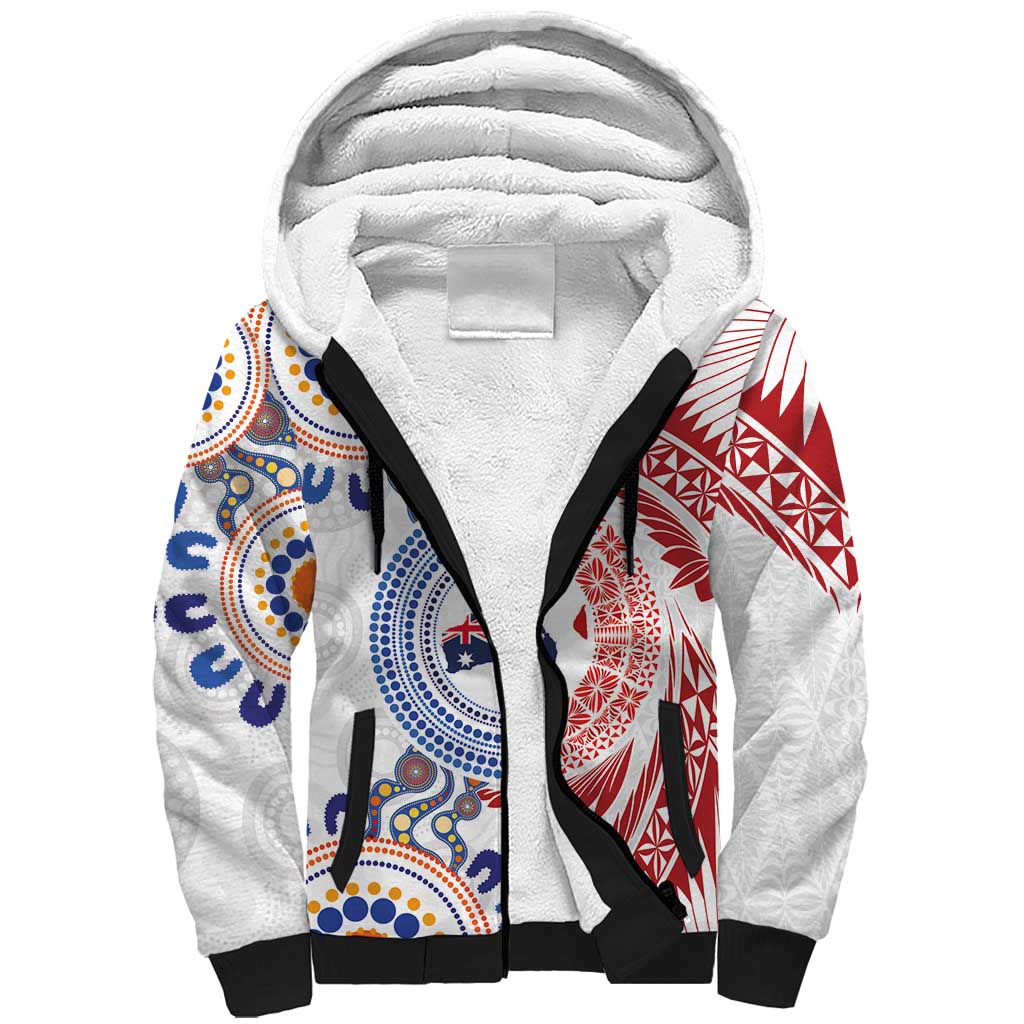 Tongan and Australian Culture Together Sherpa Hoodie Ngatu Art Tribal Aboriginal Tattoo Pattern LT03 Unisex White - Polynesian Pride