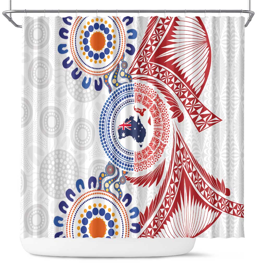 Tongan and Australian Culture Together Shower Curtain Ngatu Art Tribal Aboriginal Tattoo Pattern LT03 White - Polynesian Pride