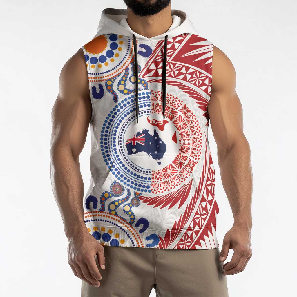Tongan and Australian Culture Together Sleeveless Hoodie Ngatu Art Tribal Aboriginal Tattoo Pattern - Polynesian Pride