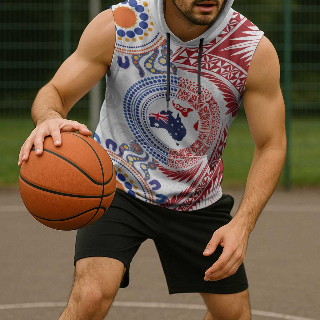 Tongan and Australian Culture Together Sleeveless Hoodie Ngatu Art Tribal Aboriginal Tattoo Pattern - Polynesian Pride