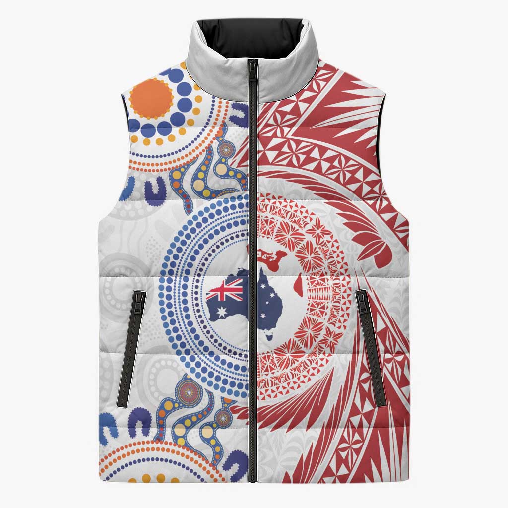 Tongan and Australian Culture Together Sleeveless Puffer Jacket Ngatu Art Tribal Aboriginal Tattoo Pattern - Polynesian Pride