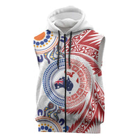 Tongan and Australian Culture Together Sleeveless Zip Hoodie Ngatu Art Tribal Aboriginal Tattoo Pattern LT03 White - Polynesian Pride