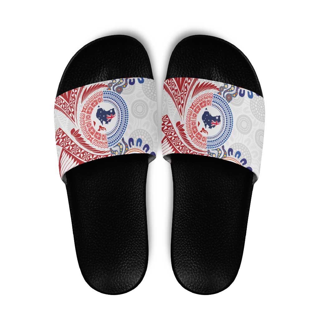 Tongan and Australian Culture Together Slide Sandals Ngatu Art Tribal Aboriginal Tattoo Pattern LT03 White - Polynesian Pride