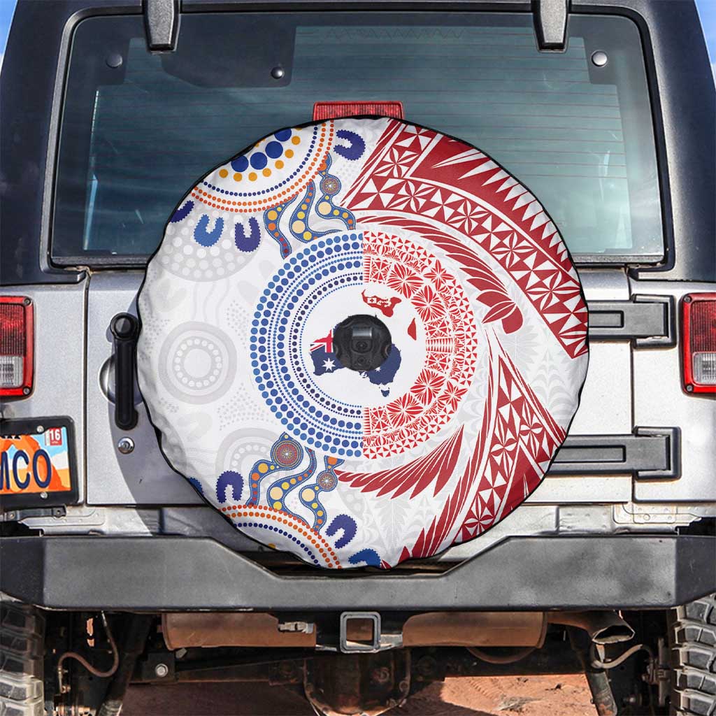 Tongan and Australian Culture Together Spare Tire Cover Ngatu Art Tribal Aboriginal Tattoo Pattern LT03 White - Polynesian Pride