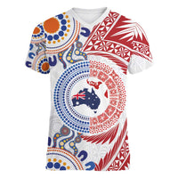 Tongan and Australian Culture Together Women V-Neck T-Shirt Ngatu Art Tribal Aboriginal Tattoo Pattern - Polynesian Pride