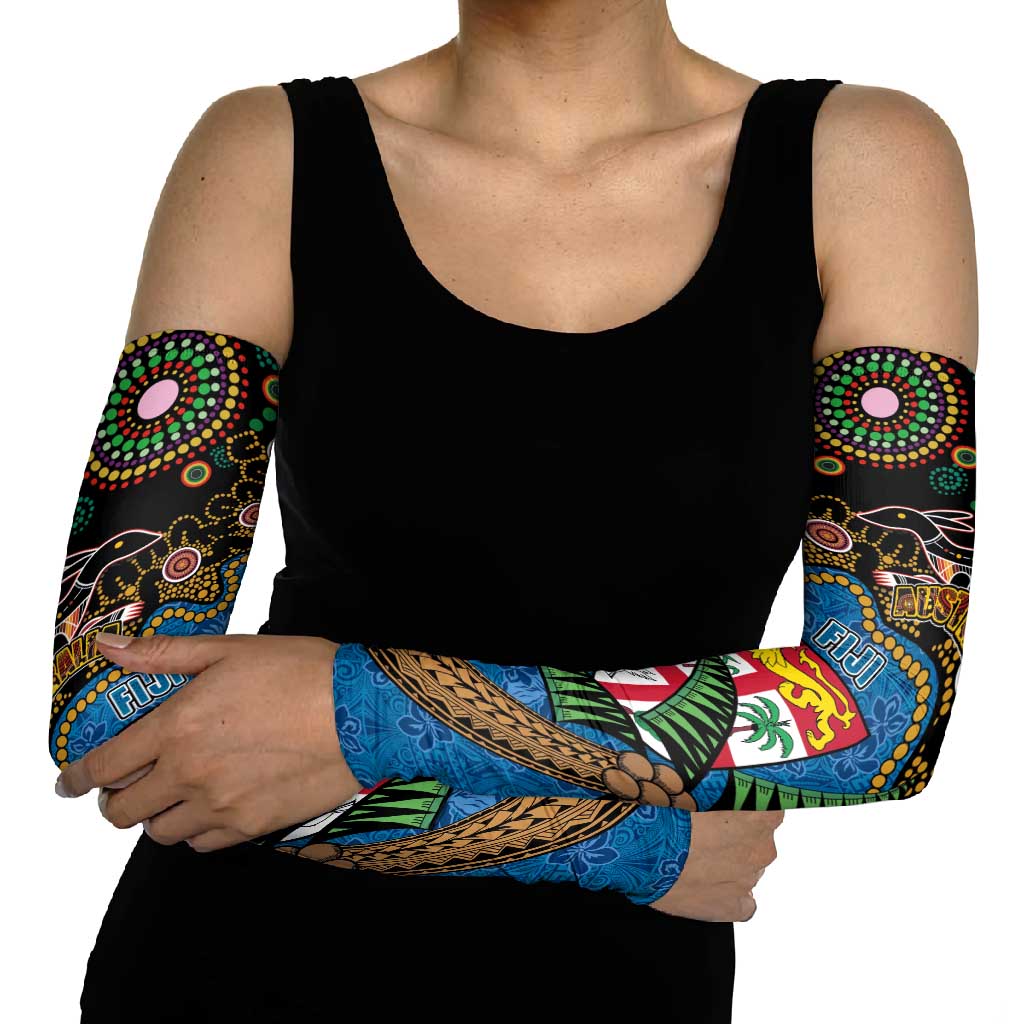 Fijian and Australian Culture Together Arm Sleeves Aboriginal Art and Tapa Motifs with Kangaroo and Palm Tree LT03 - Polynesian Pride