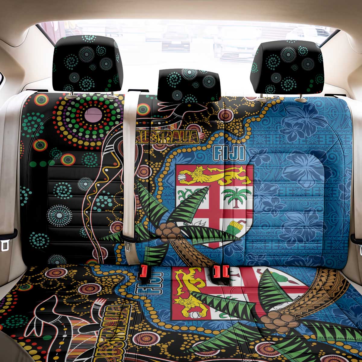 Fijian and Australian Culture Together Back Car Seat Cover Aboriginal Art and Tapa Motifs with Kangaroo and Palm Tree - Polynesian Pride