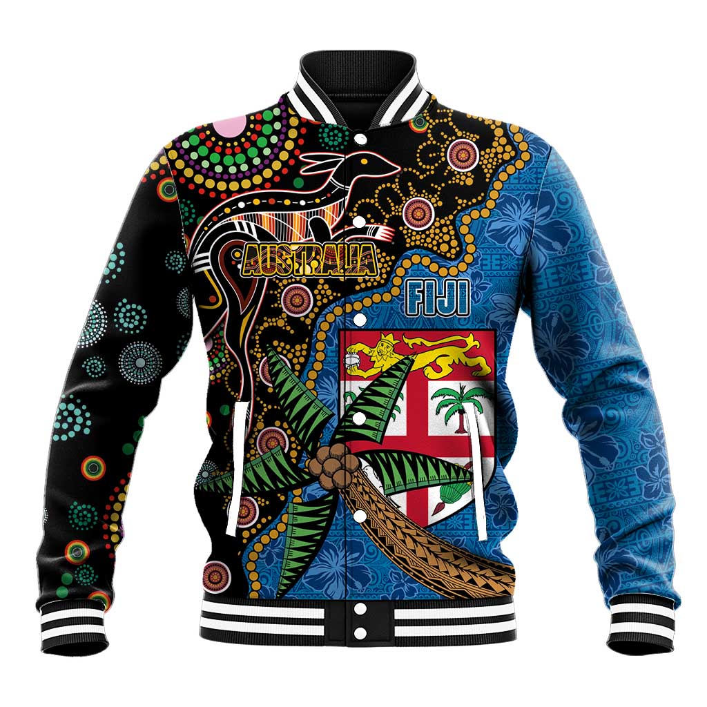 Fijian and Australian Culture Together Baseball Jacket Aboriginal Art and Tapa Motifs with Kangaroo and Palm Tree - Polynesian Pride