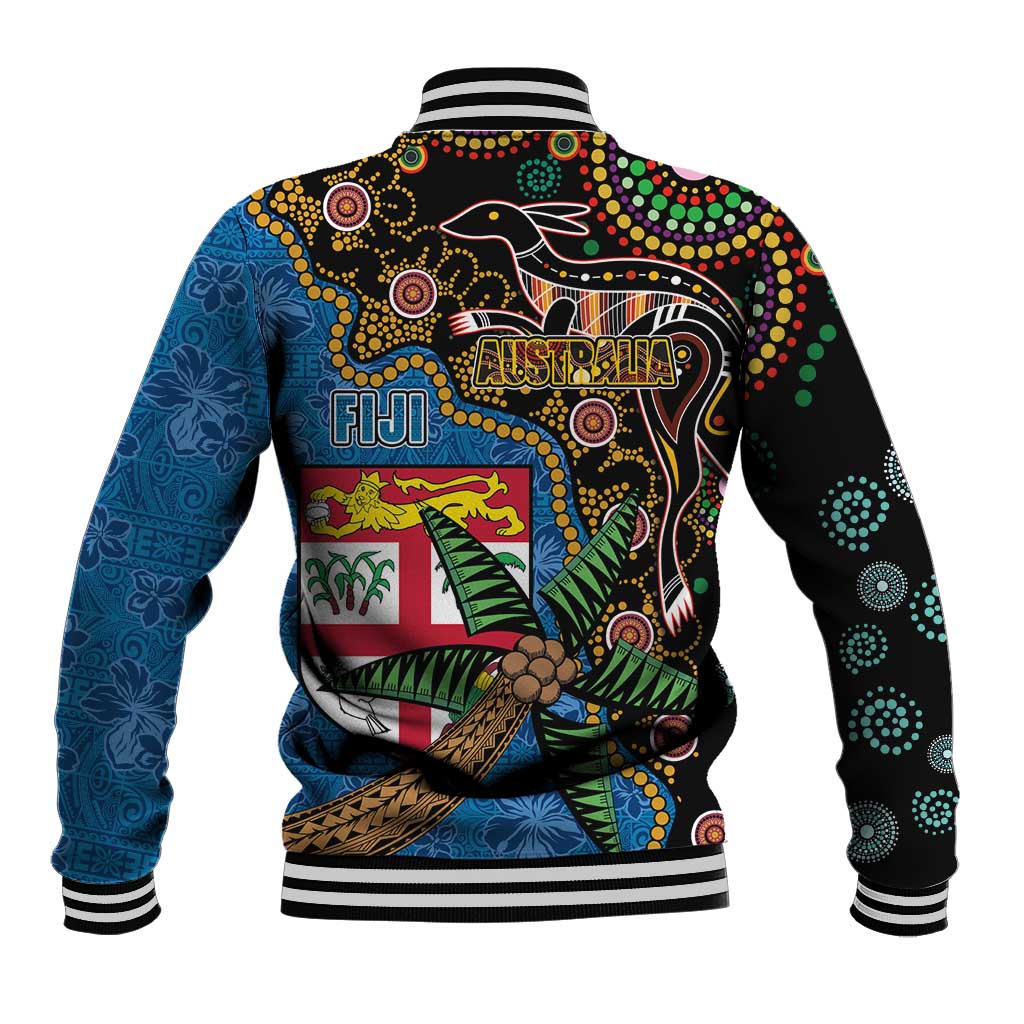 Fijian and Australian Culture Together Baseball Jacket Aboriginal Art and Tapa Motifs with Kangaroo and Palm Tree - Polynesian Pride