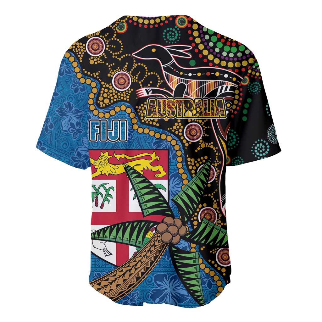 Fijian and Australian Culture Together Baseball Jersey Aboriginal Art and Tapa Motifs with Kangaroo and Palm Tree LT03 - Polynesian Pride