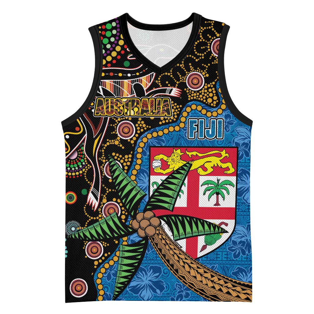 Fijian and Australian Culture Together Basketball Jersey Aboriginal Art and Tapa Motifs with Kangaroo and Palm Tree - Polynesian Pride