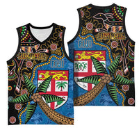 Fijian and Australian Culture Together Basketball Jersey Aboriginal Art and Tapa Motifs with Kangaroo and Palm Tree - Polynesian Pride