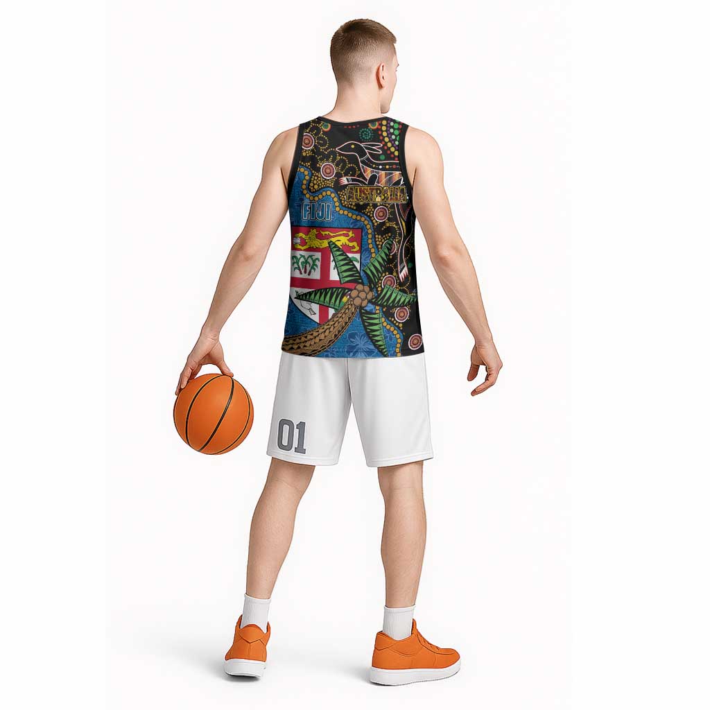 Fijian and Australian Culture Together Basketball Jersey Aboriginal Art and Tapa Motifs with Kangaroo and Palm Tree - Polynesian Pride