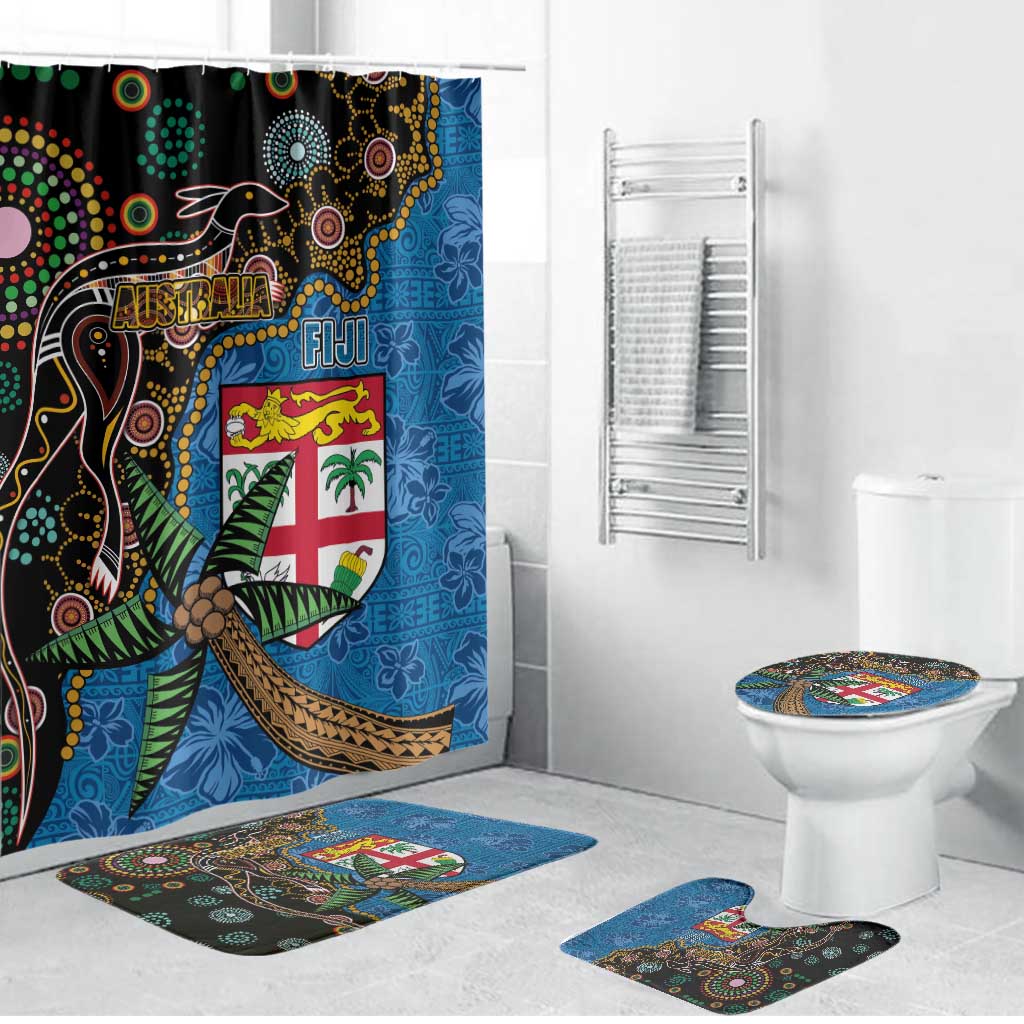 Fijian and Australian Culture Together Bathroom Set Aboriginal Art and Tapa Motifs with Kangaroo and Palm Tree - Polynesian Pride