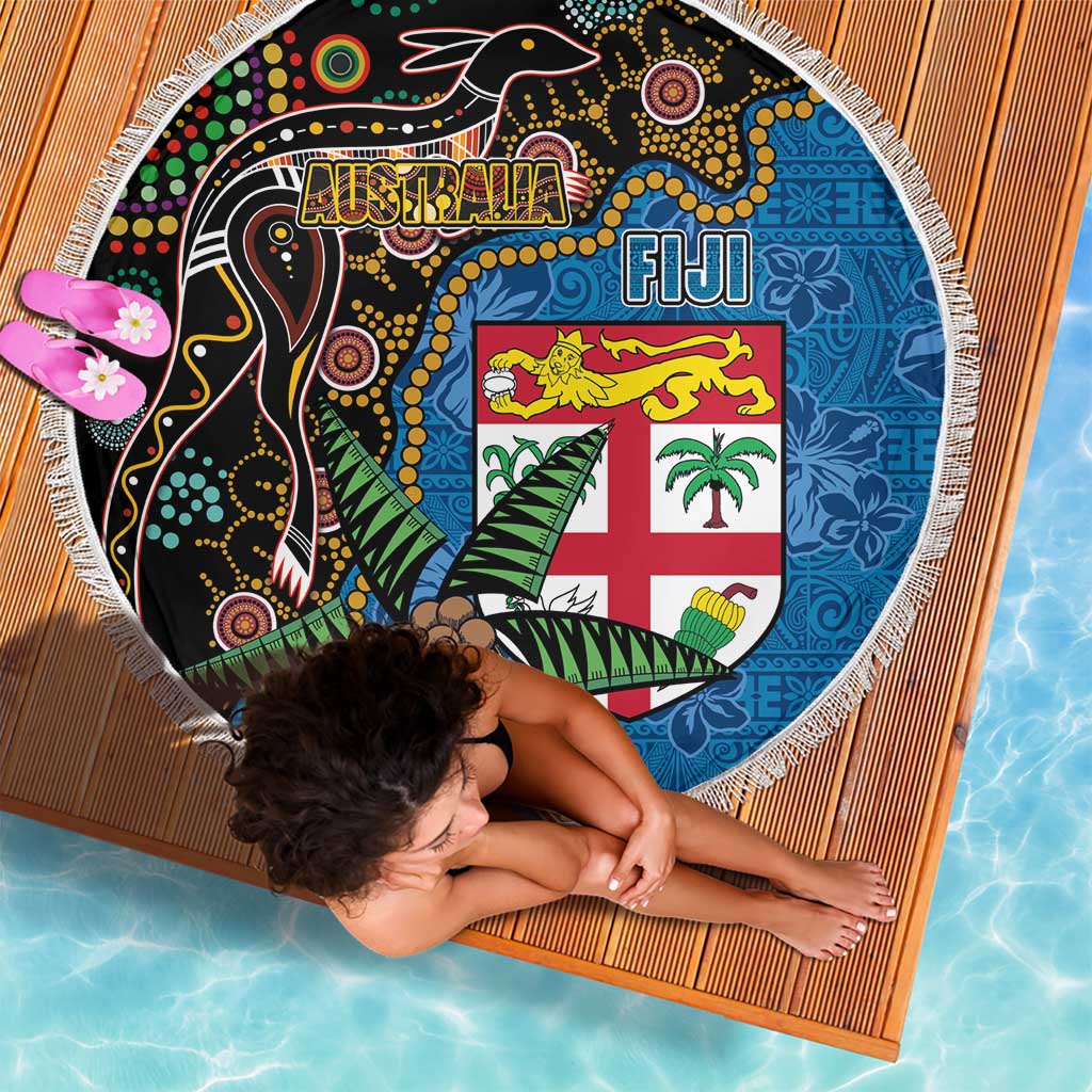 Fijian and Australian Culture Together Beach Blanket Aboriginal Art and Tapa Motifs with Kangaroo and Palm Tree LT03 - Polynesian Pride