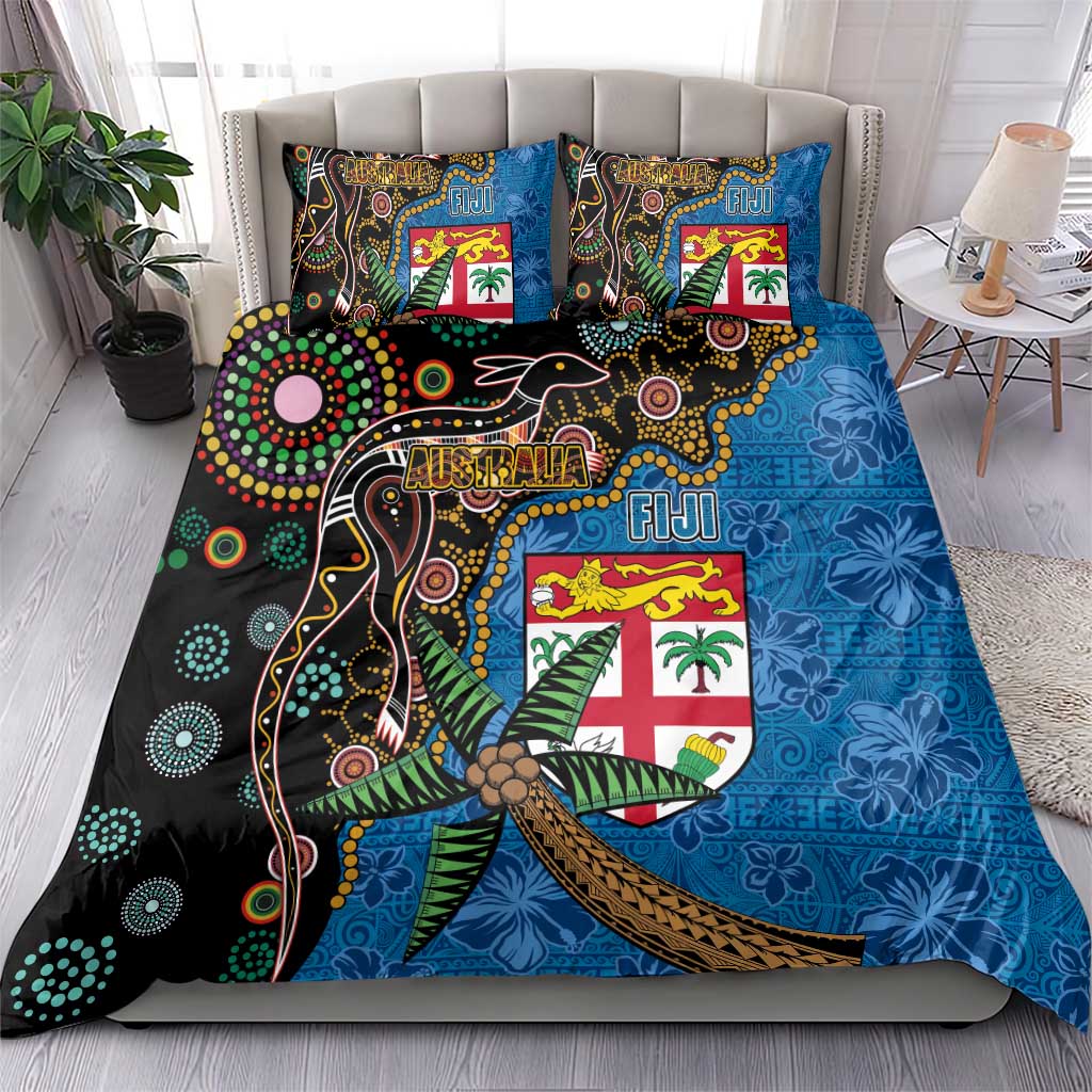 Fijian and Australian Culture Together Bedding Set Aboriginal Art and Tapa Motifs with Kangaroo and Palm Tree - Polynesian Pride