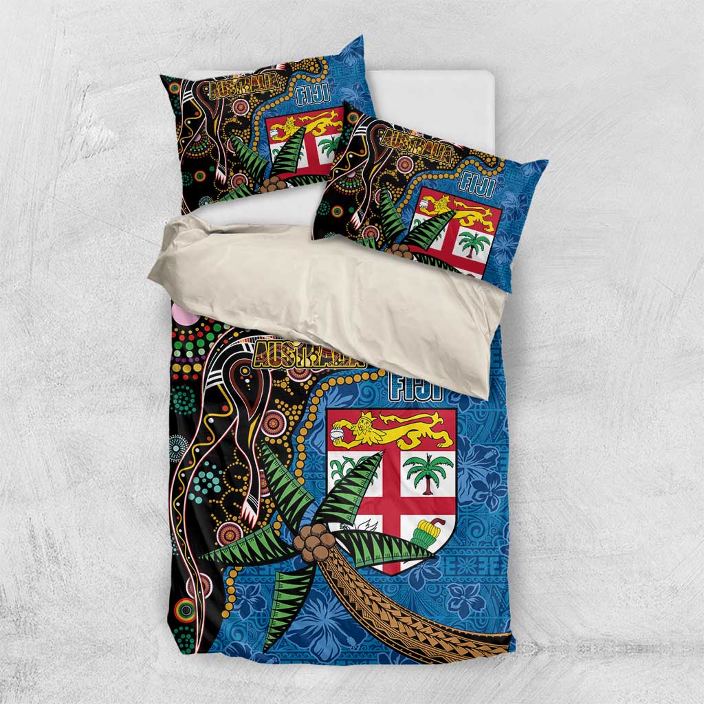 Fijian and Australian Culture Together Bedding Set Aboriginal Art and Tapa Motifs with Kangaroo and Palm Tree - Polynesian Pride