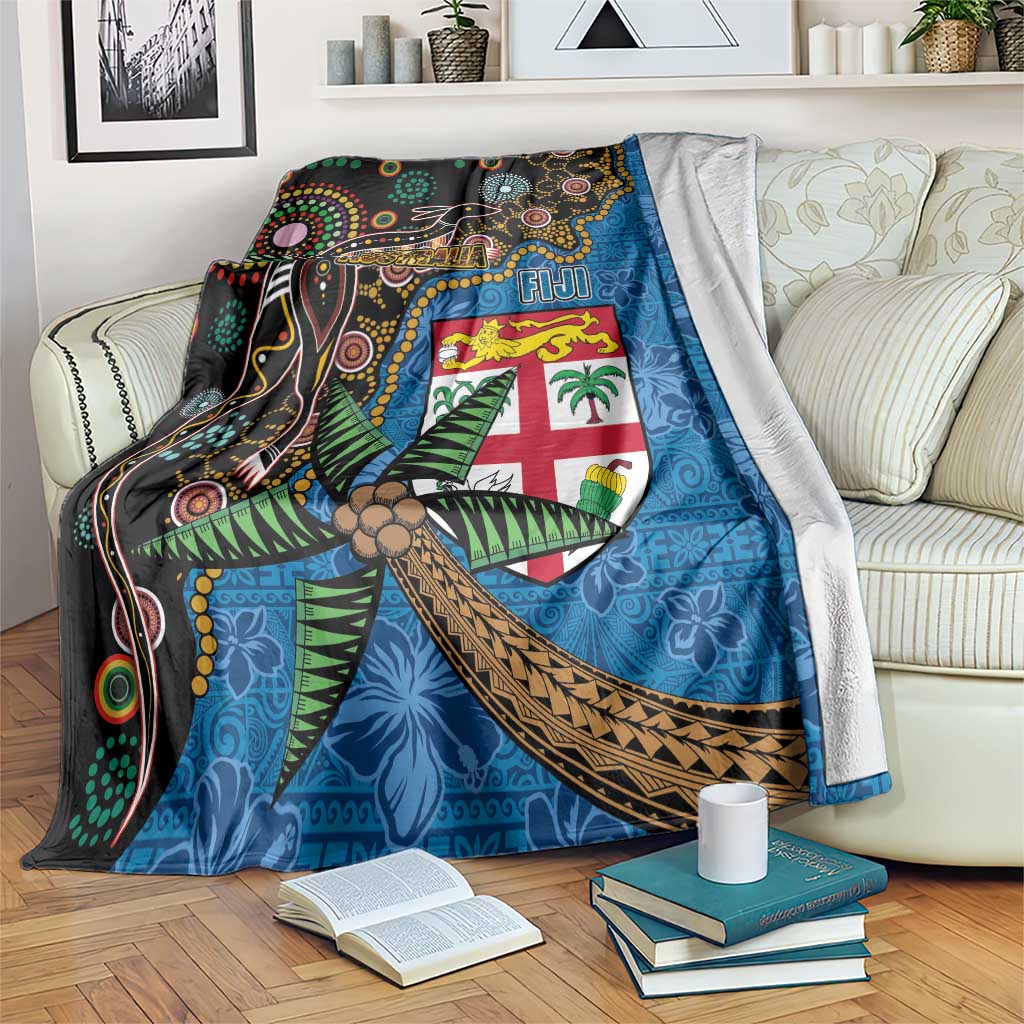 Fijian and Australian Culture Together Blanket Aboriginal Art and Tapa Motifs with Kangaroo and Palm Tree LT03 Black - Polynesian Pride