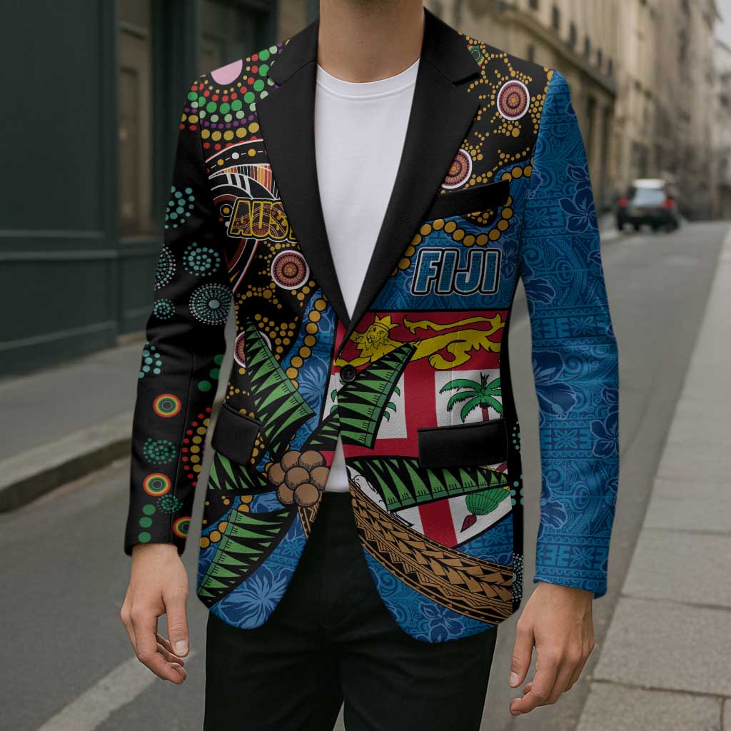 Fijian and Australian Culture Together Blazer Aboriginal Art and Tapa Motifs with Kangaroo and Palm Tree LT03 - Polynesian Pride