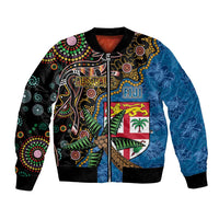 Fijian and Australian Culture Together Bomber Jacket Aboriginal Art and Tapa Motifs with Kangaroo and Palm Tree LT03 Unisex Black - Polynesian Pride