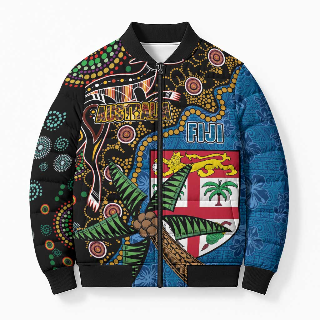 Fijian and Australian Culture Together Bomber Puffer Jacket Aboriginal Art and Tapa Motifs with Kangaroo and Palm Tree - Polynesian Pride