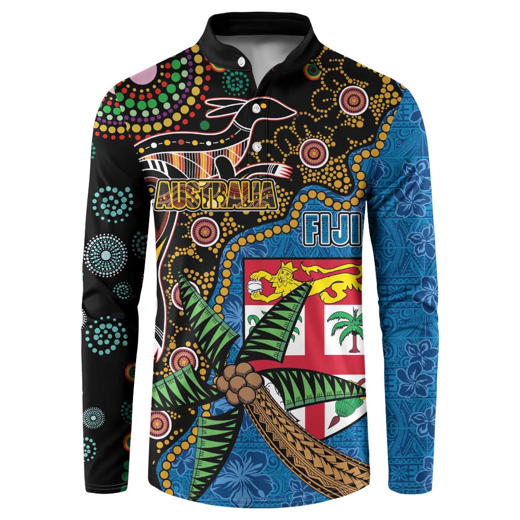 Fijian and Australian Culture Together Button Sweatshirt Aboriginal Art and Tapa Motifs with Kangaroo and Palm Tree - Polynesian Pride