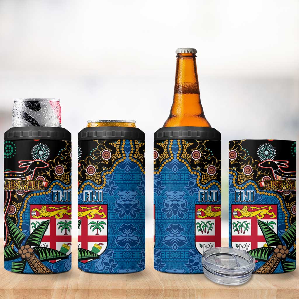Fijian and Australian Culture Together 4 in 1 Can Cooler Tumbler Aboriginal Art and Tapa Motifs with Kangaroo and Palm Tree - Polynesian Pride