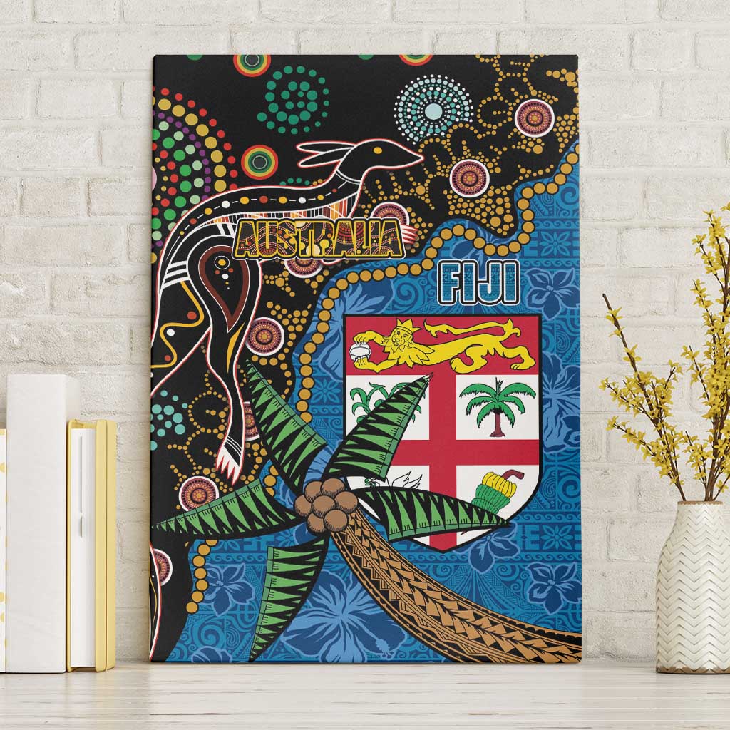 Fijian and Australian Culture Together Canvas Wall Art Aboriginal Art and Tapa Motifs with Kangaroo and Palm Tree - Polynesian Pride