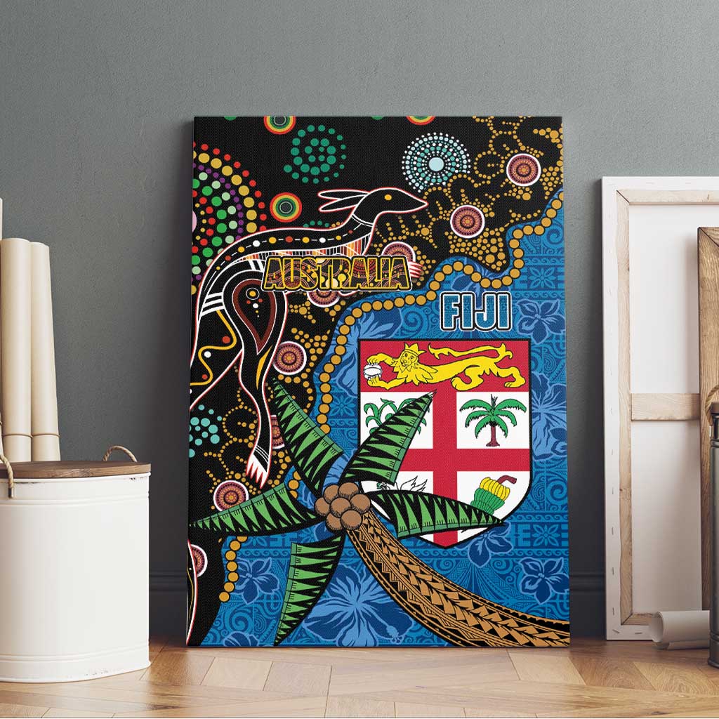 Fijian and Australian Culture Together Canvas Wall Art Aboriginal Art and Tapa Motifs with Kangaroo and Palm Tree LT03 - Polynesian Pride