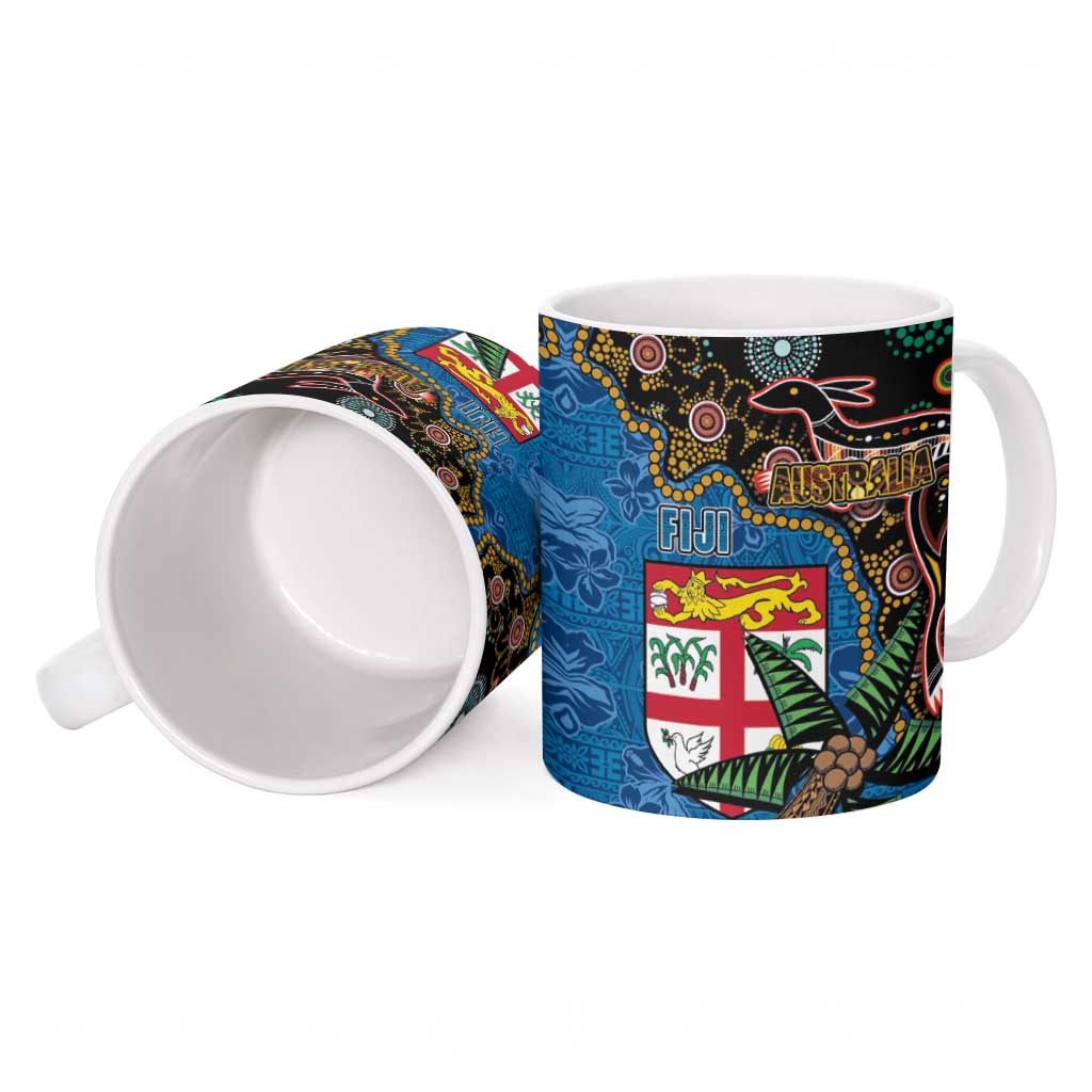 Fijian and Australian Culture Together Ceramic Mug Aboriginal Art and Tapa Motifs with Kangaroo and Palm Tree - Polynesian Pride