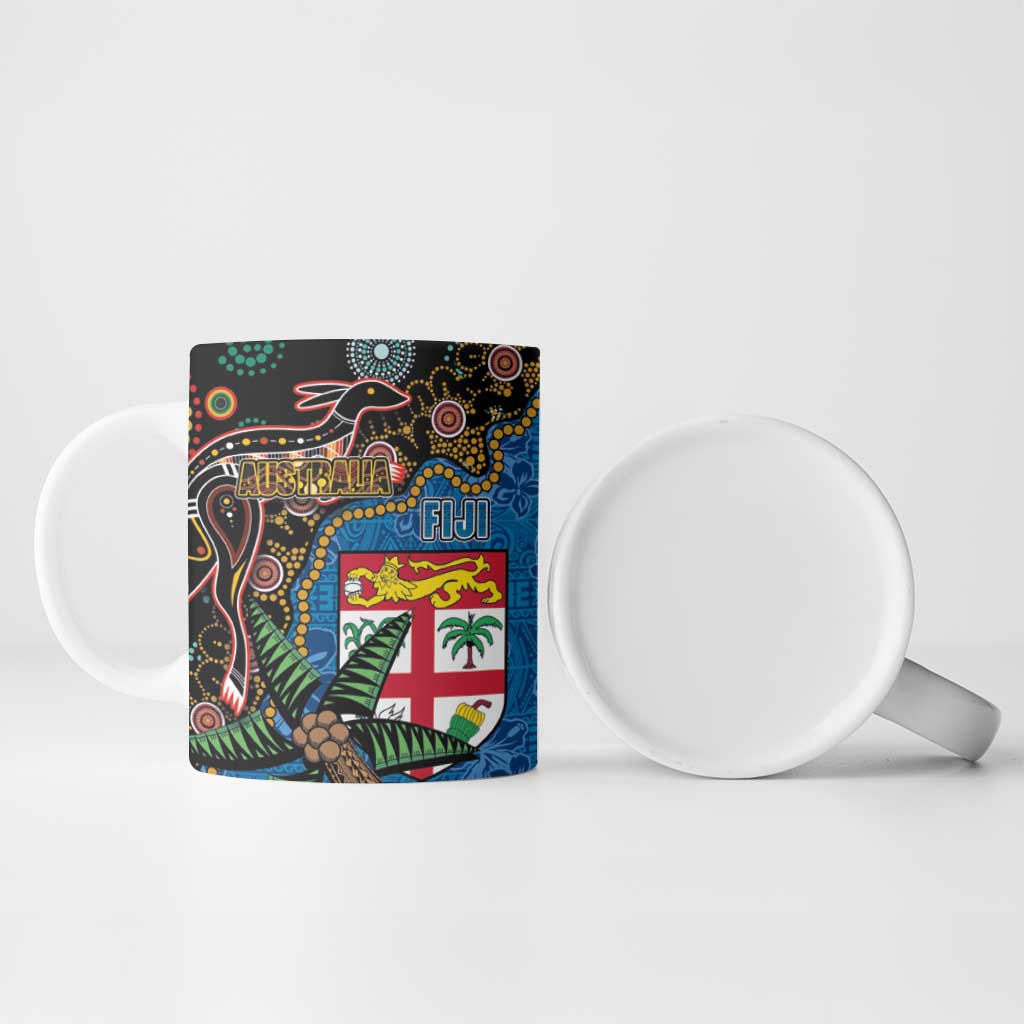 Fijian and Australian Culture Together Ceramic Mug Aboriginal Art and Tapa Motifs with Kangaroo and Palm Tree - Polynesian Pride