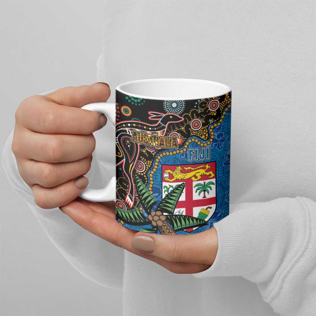 Fijian and Australian Culture Together Ceramic Mug Aboriginal Art and Tapa Motifs with Kangaroo and Palm Tree - Polynesian Pride