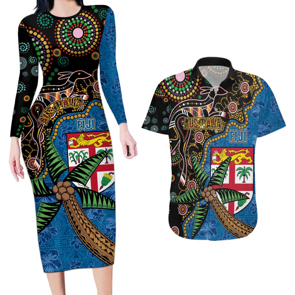 Fijian and Australian Culture Together Couples Matching Long Sleeve Bodycon Dress and Hawaiian Shirt Aboriginal Art and Tapa Motifs with Kangaroo and Palm Tree - Polynesian Pride