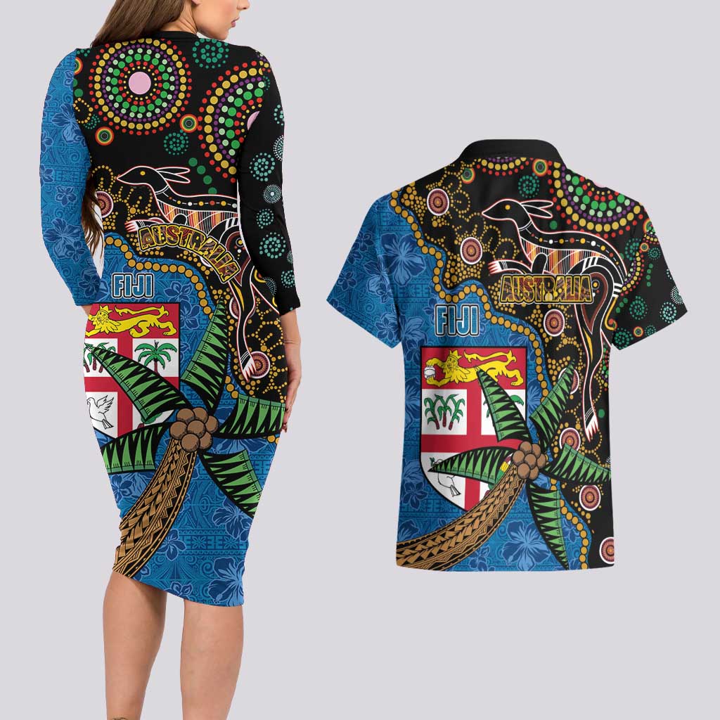 Fijian and Australian Culture Together Couples Matching Long Sleeve Bodycon Dress and Hawaiian Shirt Aboriginal Art and Tapa Motifs with Kangaroo and Palm Tree - Polynesian Pride