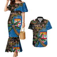 Fijian and Australian Culture Together Couples Matching Mermaid Dress and Hawaiian Shirt Aboriginal Art and Tapa Motifs with Kangaroo and Palm Tree - Polynesian Pride