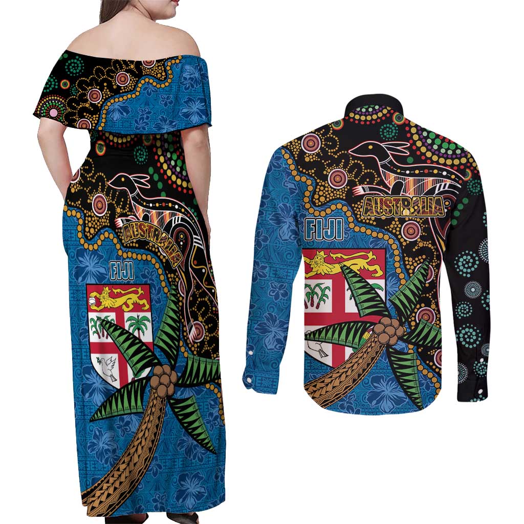Fijian and Australian Culture Together Couples Matching Off Shoulder Maxi Dress and Long Sleeve Button Shirt Aboriginal Art and Tapa Motifs with Kangaroo and Palm Tree - Polynesian Pride