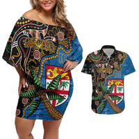 Fijian and Australian Culture Together Couples Matching Off Shoulder Short Dress and Hawaiian Shirt Aboriginal Art and Tapa Motifs with Kangaroo and Palm Tree - Polynesian Pride