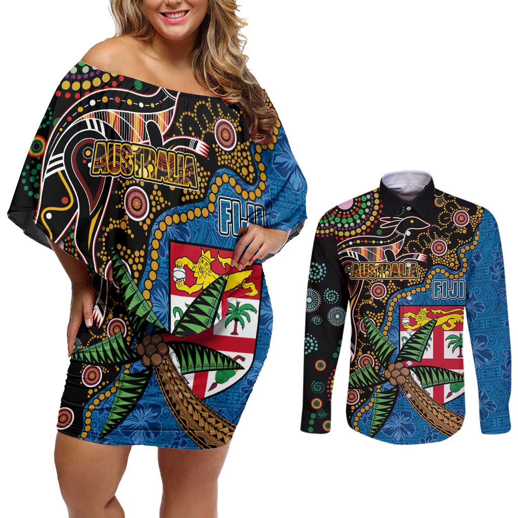 Fijian and Australian Culture Together Couples Matching Off Shoulder Short Dress and Long Sleeve Button Shirt Aboriginal Art and Tapa Motifs with Kangaroo and Palm Tree - Polynesian Pride