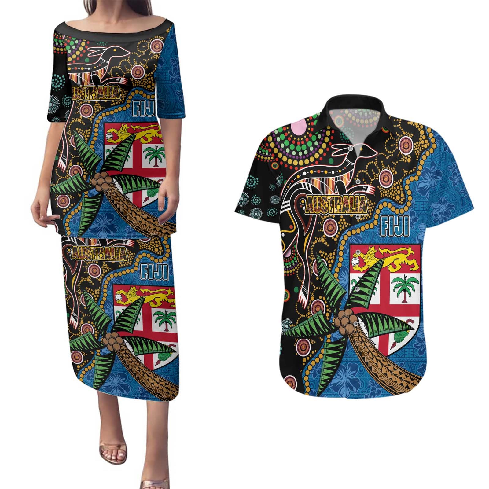 Fijian and Australian Culture Together Couples Matching Puletasi and Hawaiian Shirt Aboriginal Art and Tapa Motifs with Kangaroo and Palm Tree - Polynesian Pride